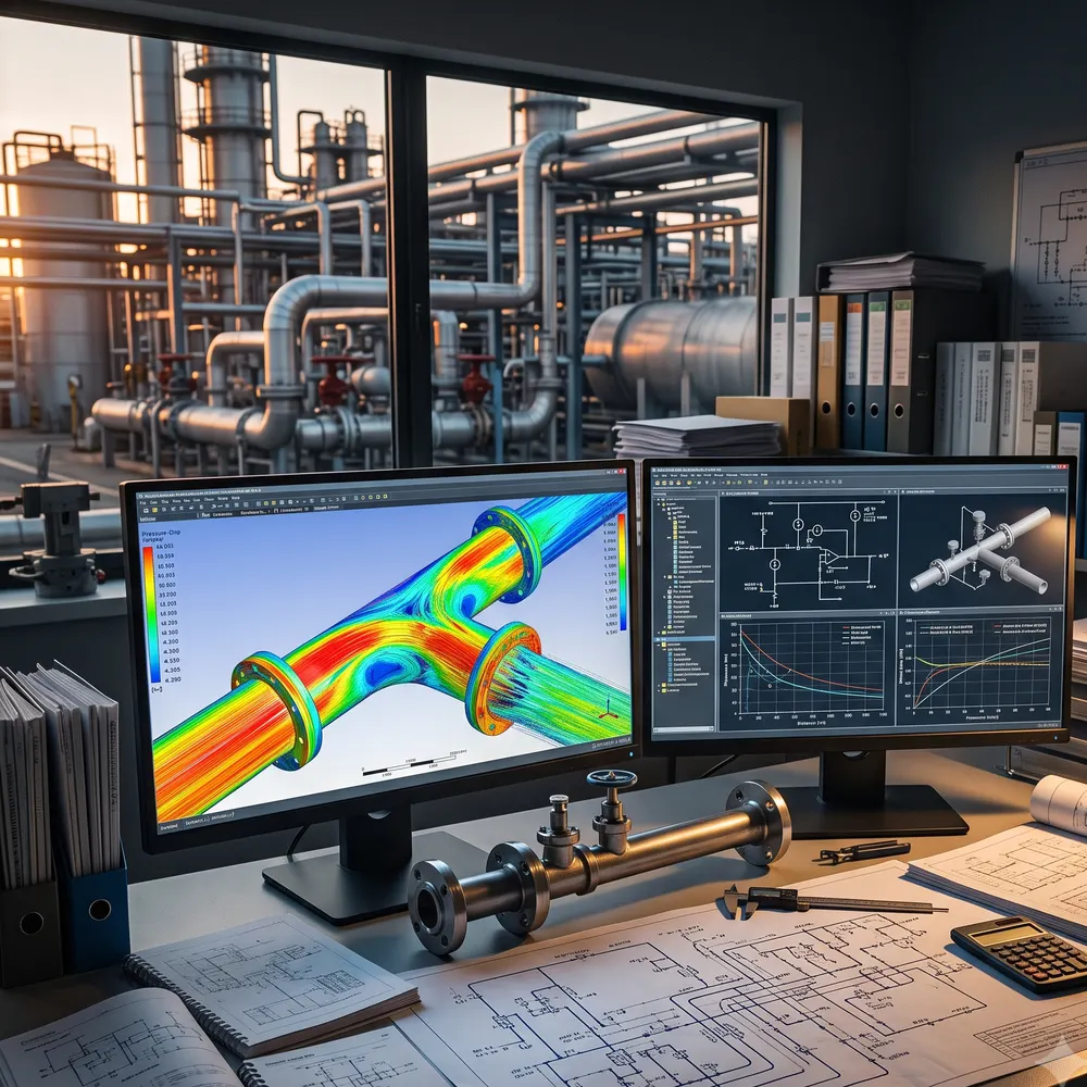 Pipeline flow analysis on screen with an oil and gas process plant behind